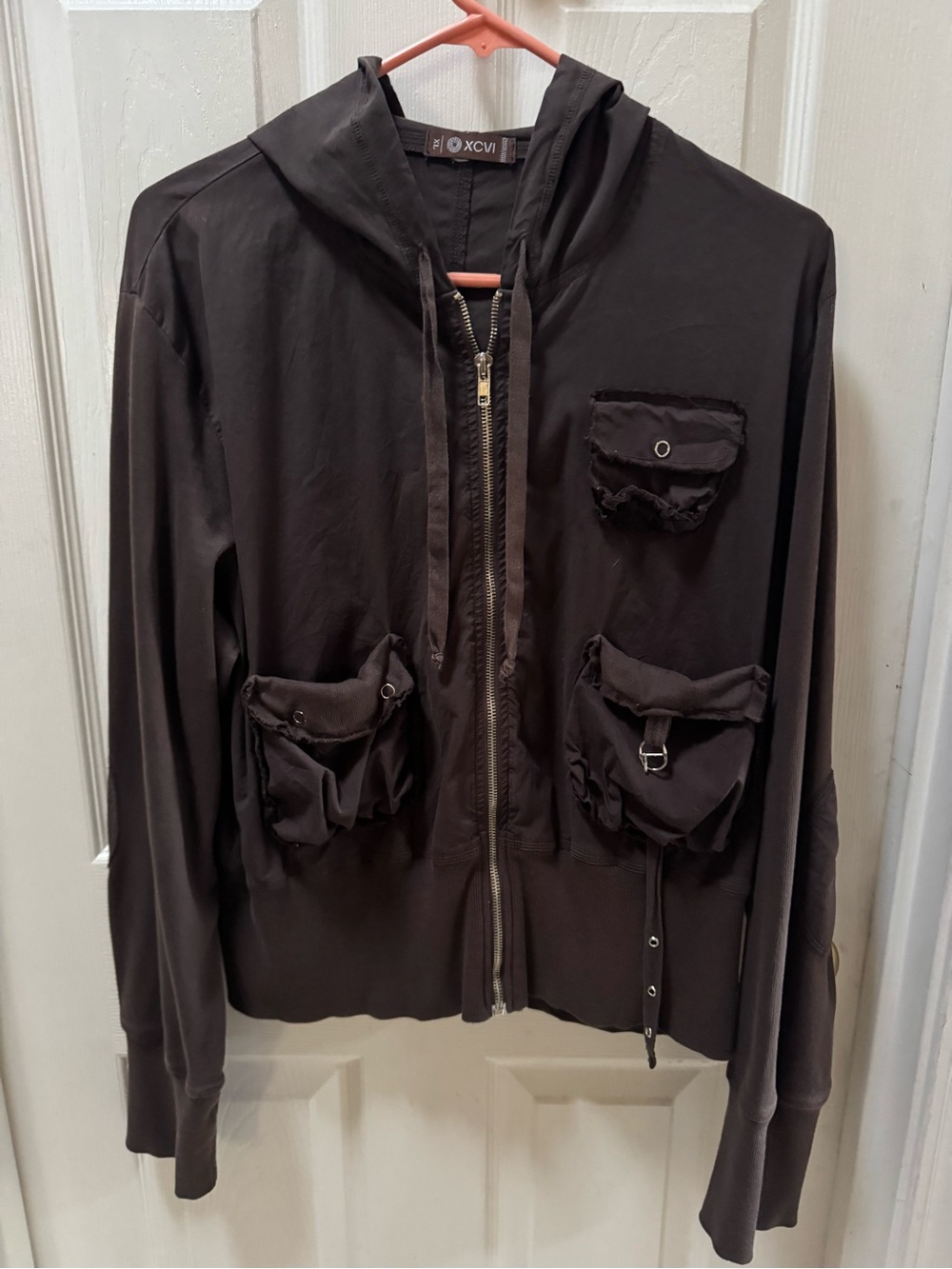 XCVI Ladies Dark Brown Hooded Utility Jacket with Front Pockets